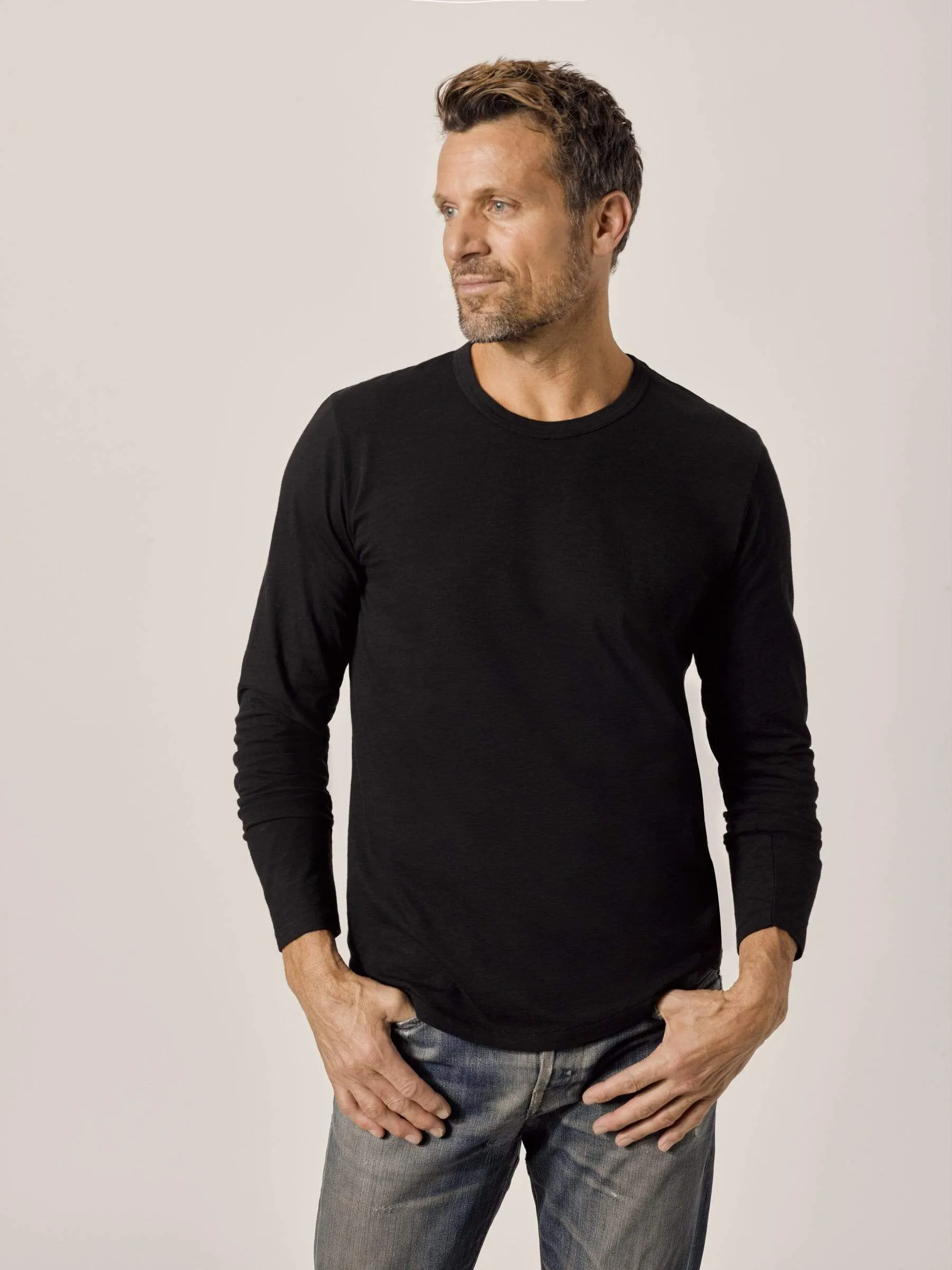 Black Long Sleeve Slub Curved Hem Tee