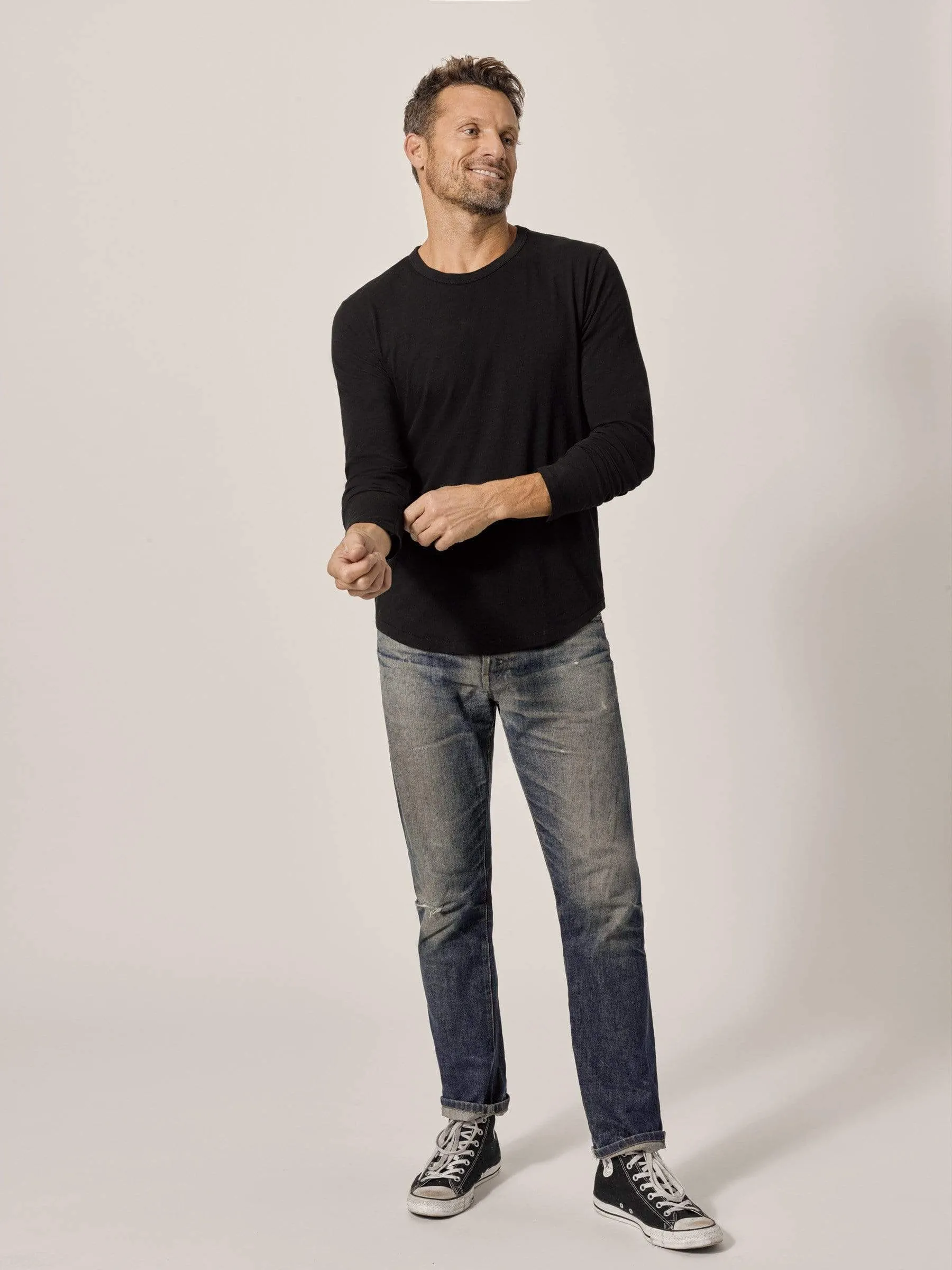 Black Long Sleeve Slub Curved Hem Tee