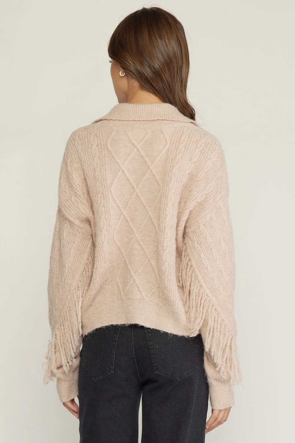Cable knit collared long sleeve top with fringe